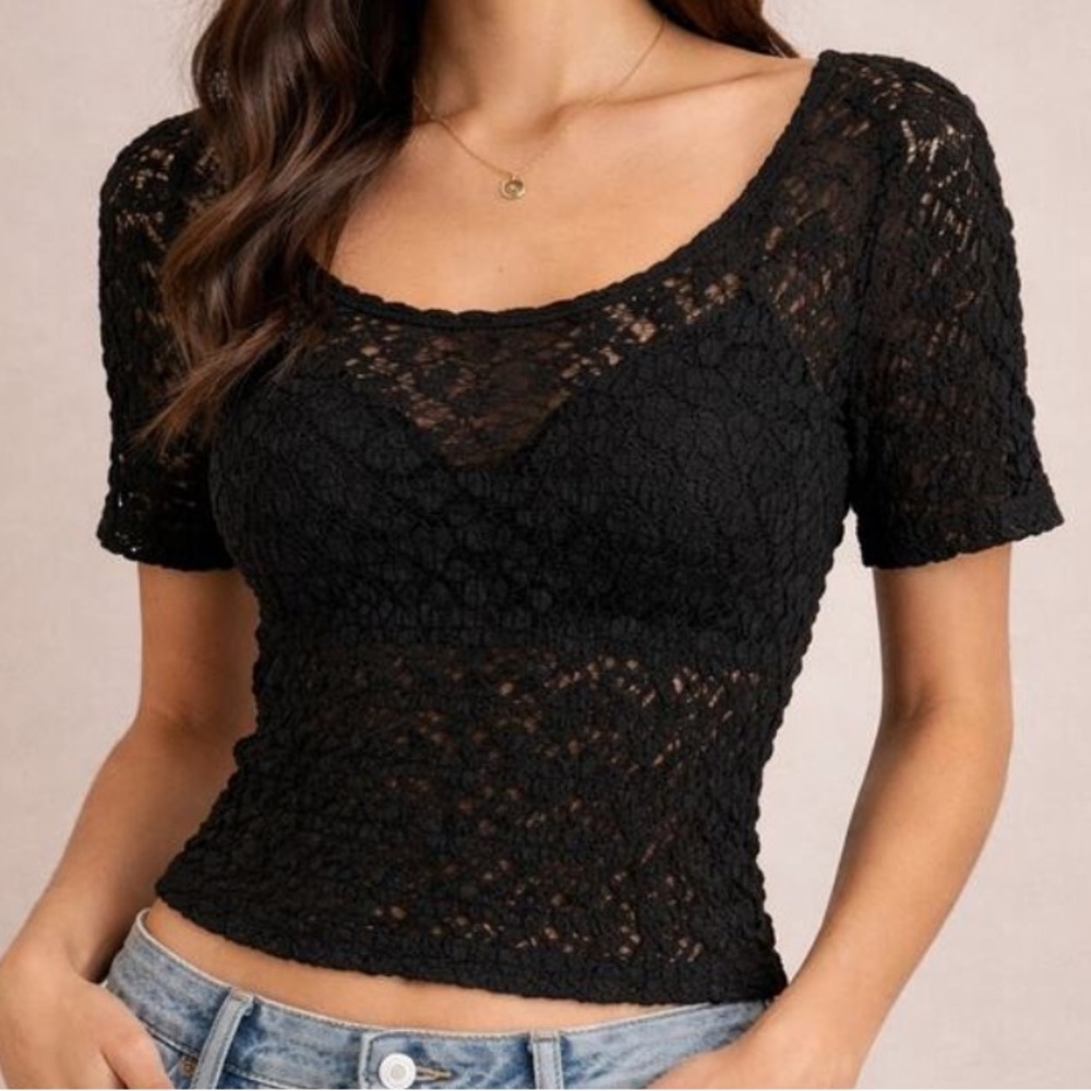 90s Grunge Goth Black Sheer‎ Crochet Top Vintage Textured Lace Blouse Size L